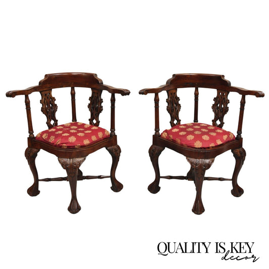 Chippendale Style Carved Mahogany Ball and Claw Corner Accent Chair - a Pair