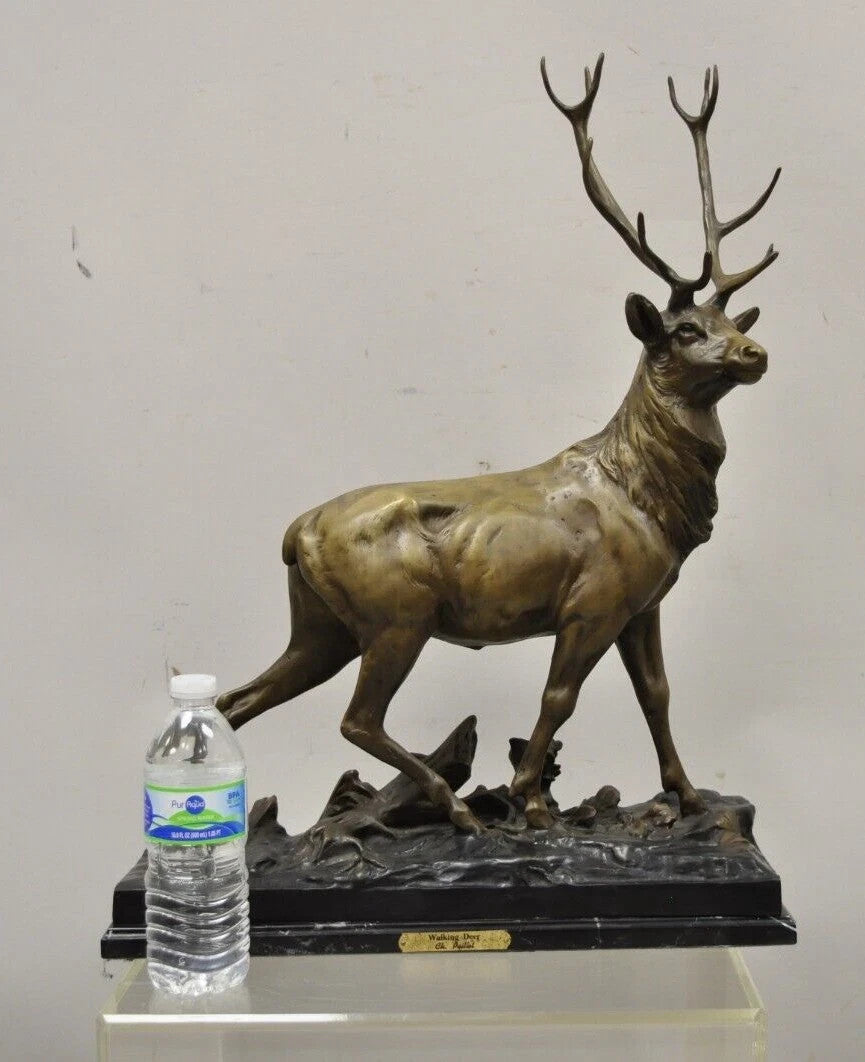 "Walking Deer" Bronze Stag Statue Sculpture on Marble Base After Charles Paillet