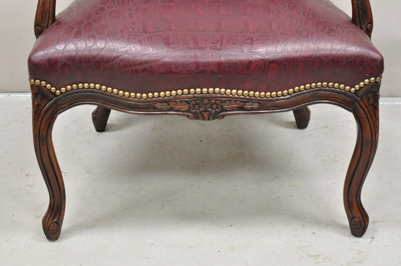 French Country Louis XV Style Burgundy Leather Faux Reptile Cowhide Armchair