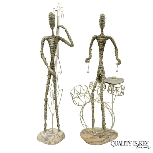 Vintage Mid Century Modern Brutalist Wire Musician Band Figure Sculpture - 2 Pc