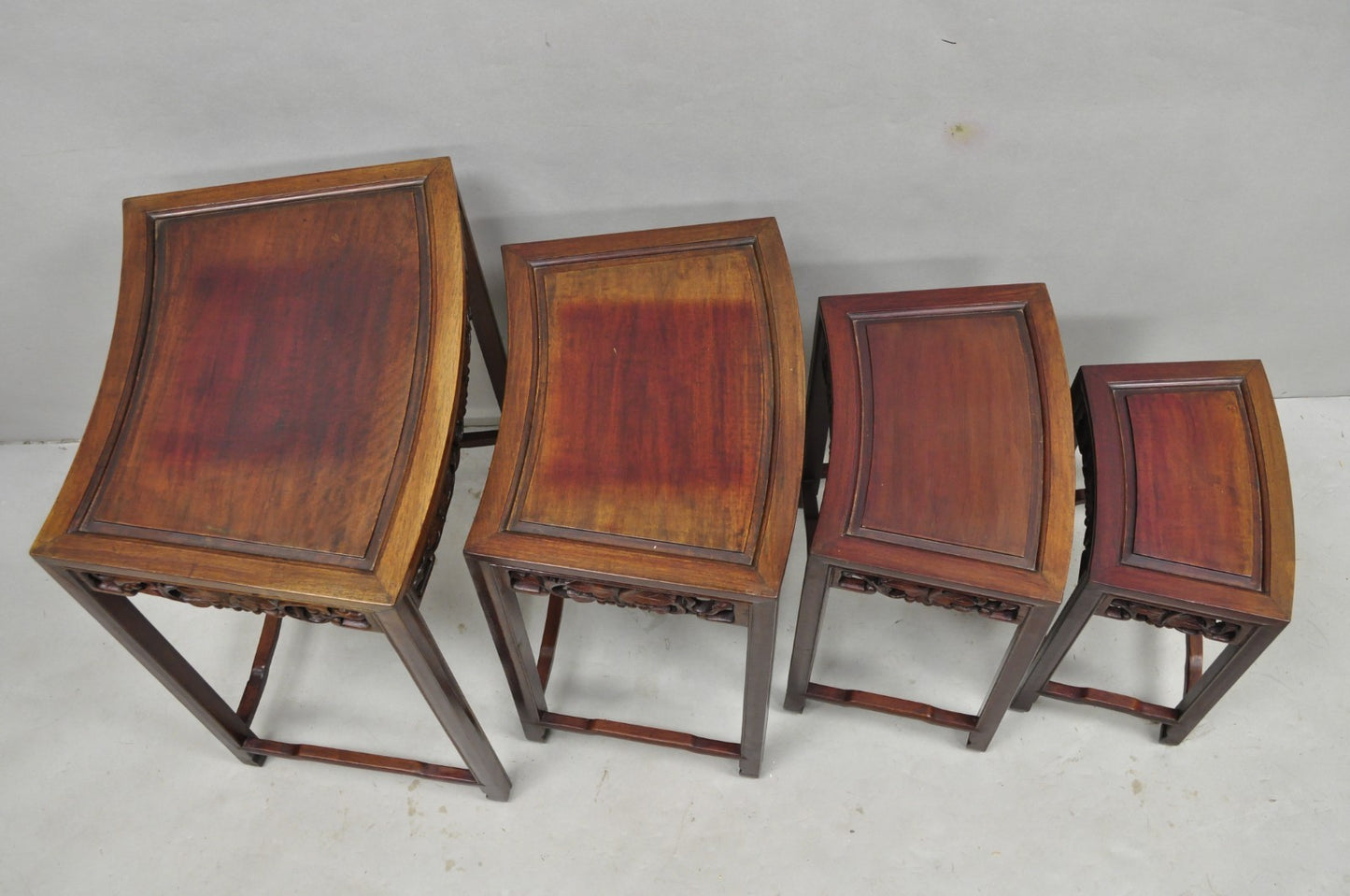 Vintage Chinese Carved Hardwood Curved Frame Nesting Side Tables - Set of 4