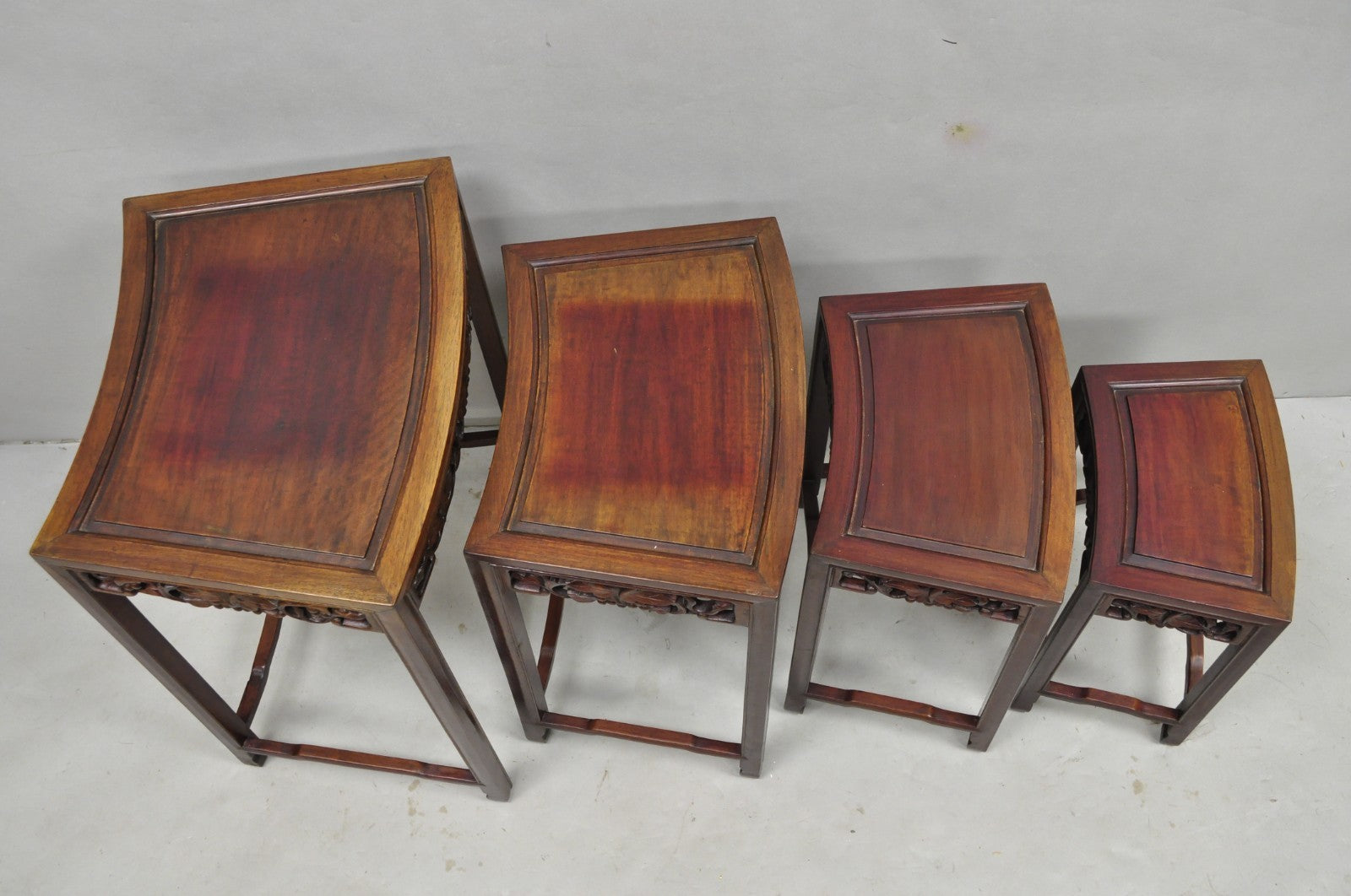 Vintage Chinese Carved Hardwood Curved Frame Nesting Side Tables - Set of 4