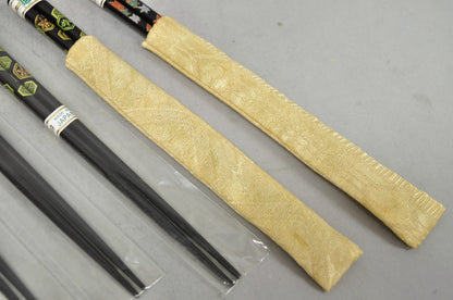 Vintage Japanese Oriental Chopsticks w/ 2 Custom Silk Gold Sleeves - 6 Pc Set