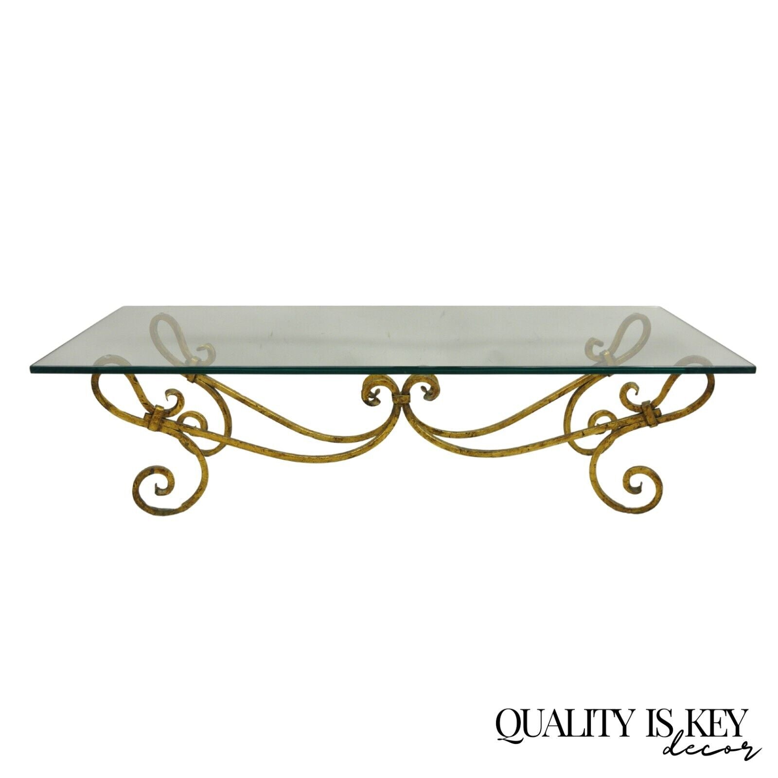 Vintage Italian Hollywood Regency Gold Gilt Iron Base Glass Top Coffee Table