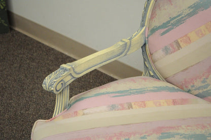 Vintage French Louis XVI Pink Blue Carved Bergere Boudoir Lounge Arm Chair