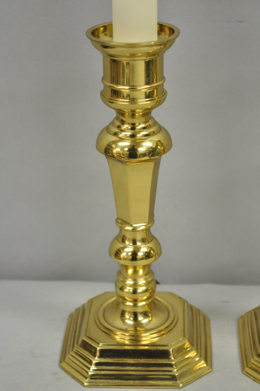 Vintage Federal Style Polished Brass Candlestick Small Vanity Table Lamps a Pair