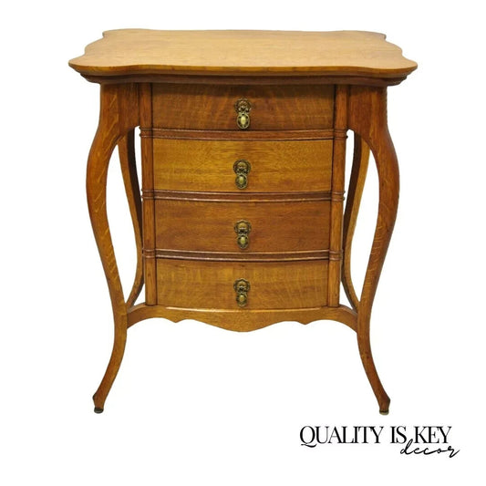 Antique Victorian Art Nouveau Golden Oak 4 Drawer Sewing Work Stand Side Table