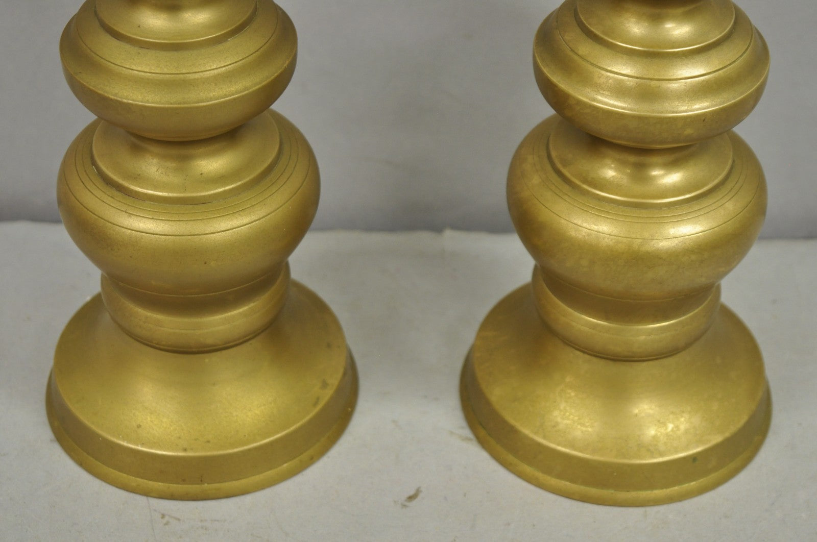 Vintage Oriental Foo Dog Stacked Brass Pricket Chinese 20" Candlesticks - a Pair