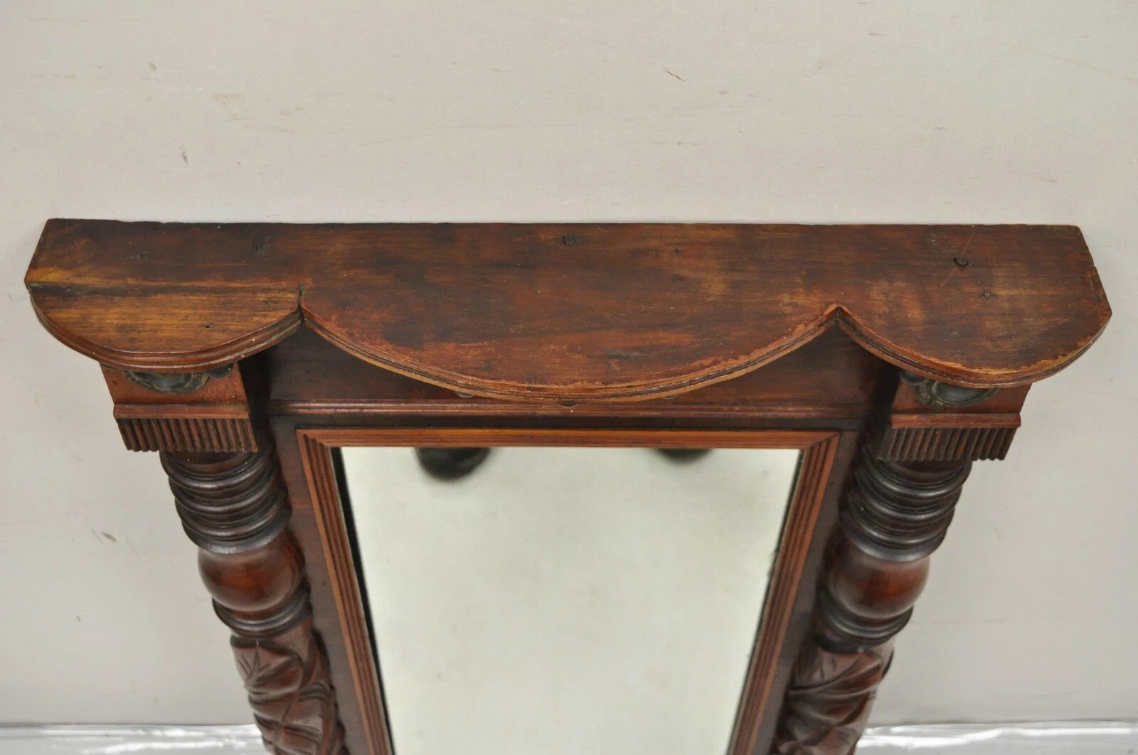 Antique American Empire Walnut Leaf Carved Wall Console Pier Mirror