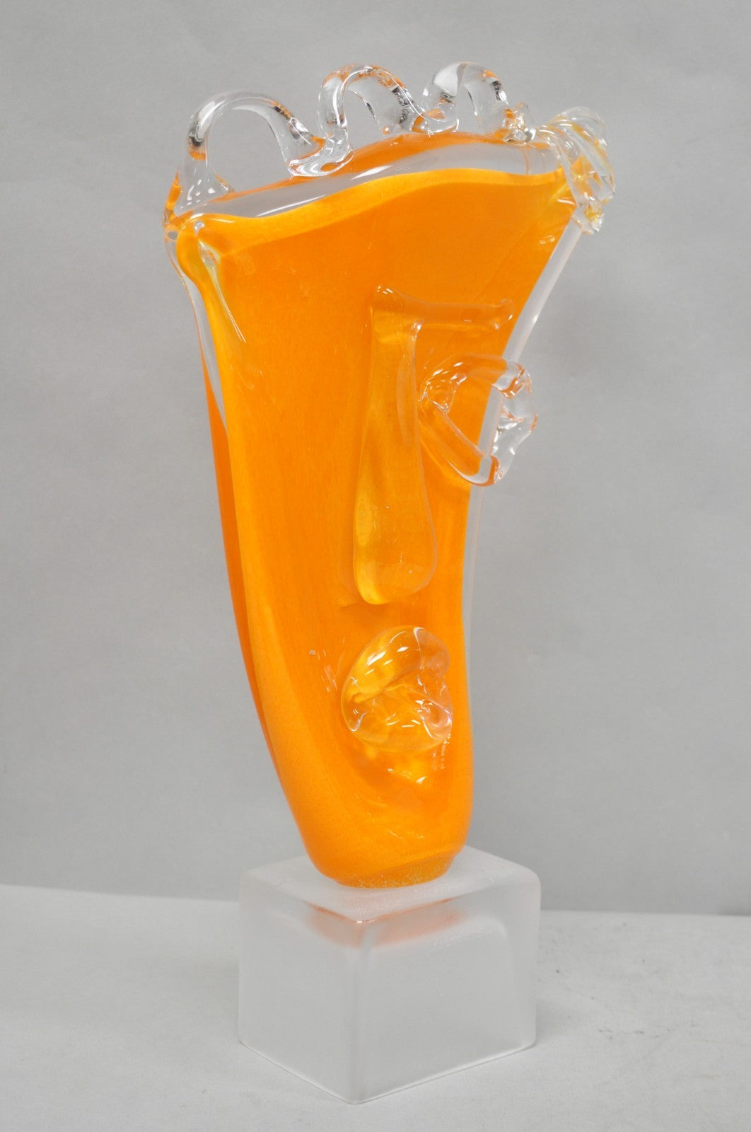 Ion Tamaian Postmodern Orange Blown Art Glass 20" Large Abstract Face Sculpture