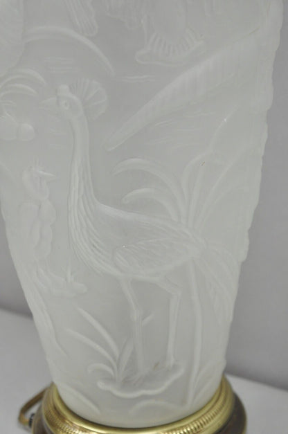 Vintage Chinoiserie Raised Satin Glass Tropical Birds Art Nouveau Table Lamp