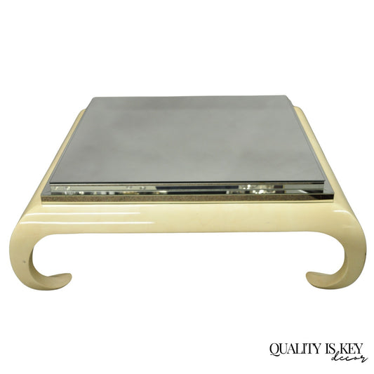 Vintage Chinoiserie Bone Lacquered Oriental Ming Style Mirrored Coffee Table
