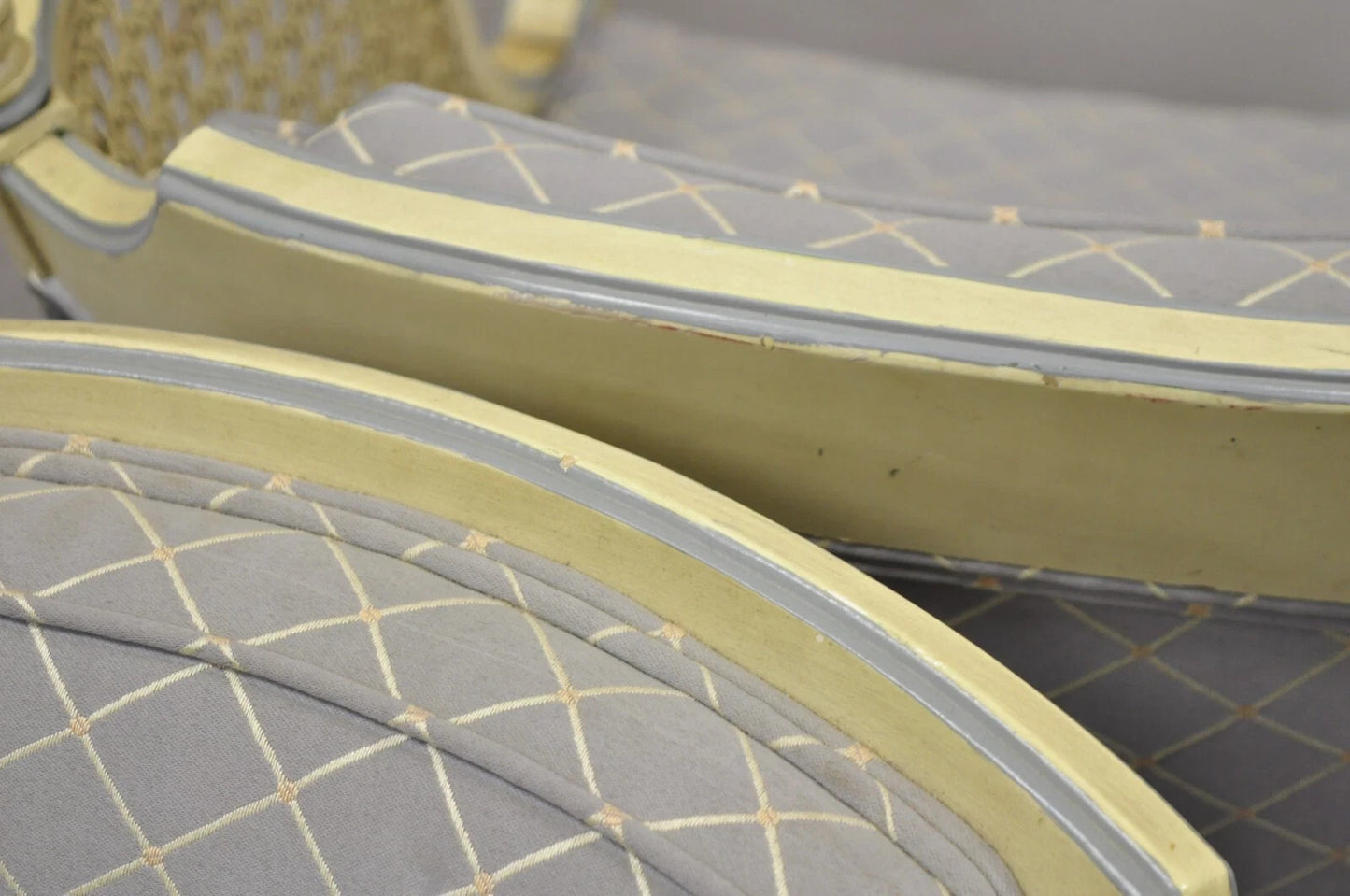 Vintage Hollywood Regency Cream Painted Cane Side Club Lounge Chairs - a Pair