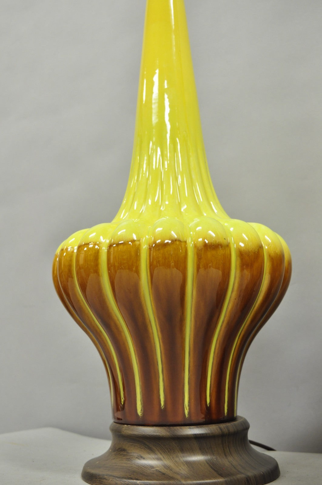 Vintage Mid Century Modern Yellow Brown Sculpted Ceramic Pottery Table Lamp Pair