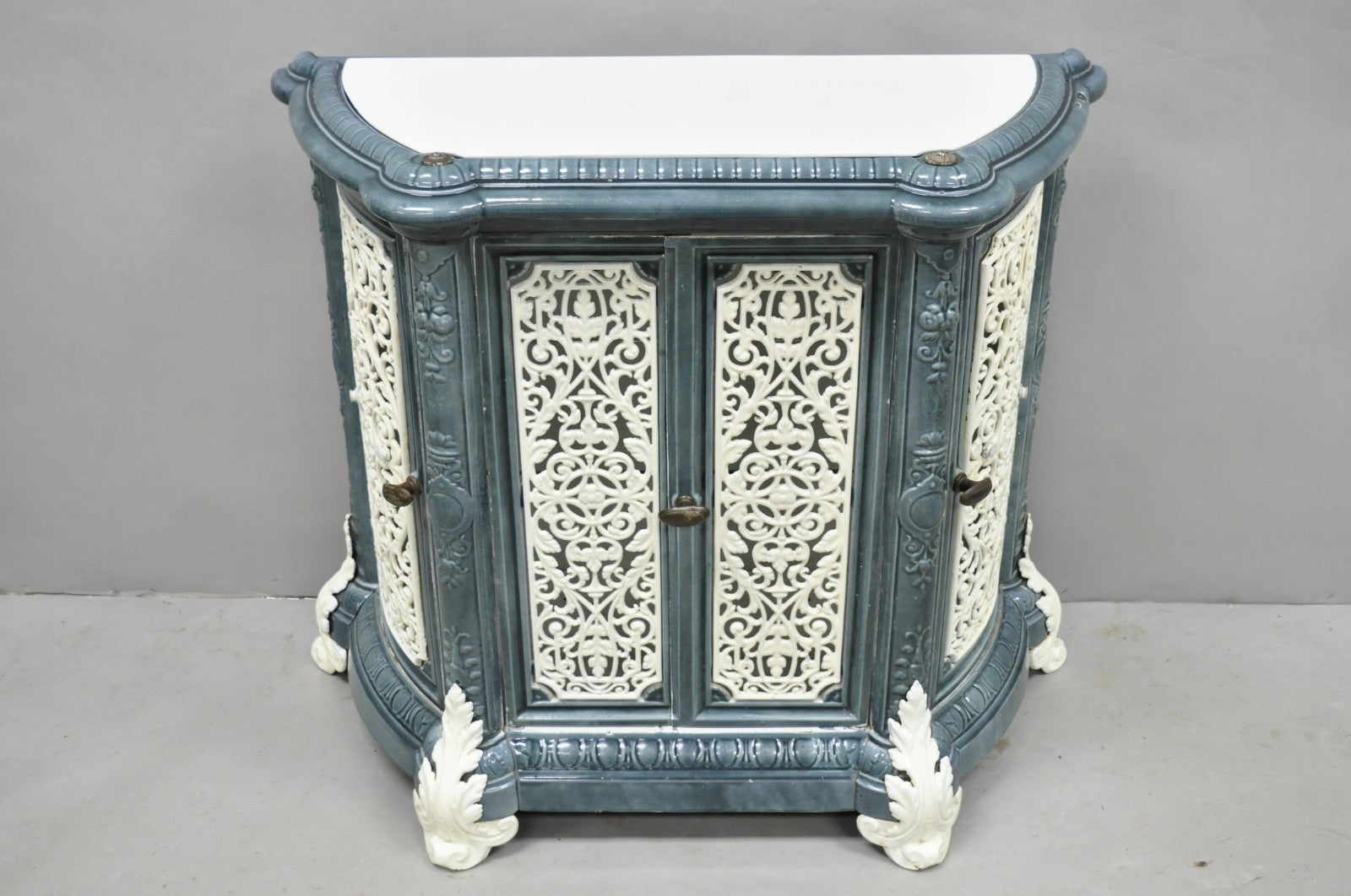 Antique French Victorian Blue White Porcelain Enamel Cast Iron Radiator Cover