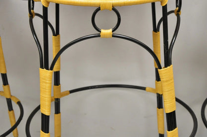French Country Wrought Iron Woven Vinyl Rattan Bar Stools With Arms - Set of 4