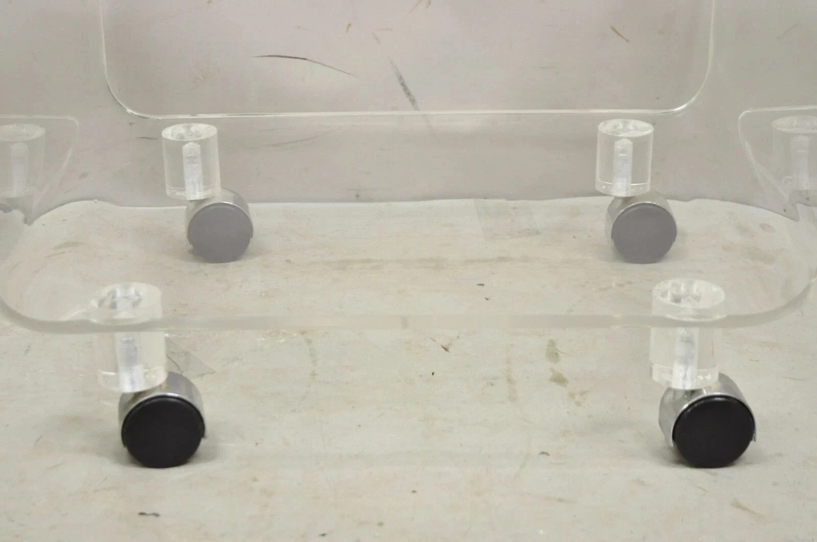 Vintage Clear Lucite Acrylic Mid Century Modern Rolling Side Tables - a Pair