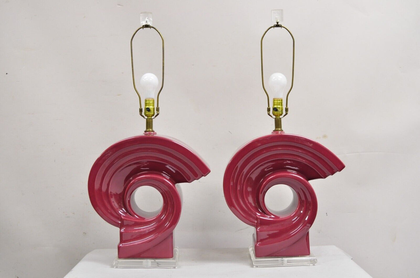 Vintage Postmodern Cranberry Red Sculptural Snail Scroll Ceramic Table Lamp Pair