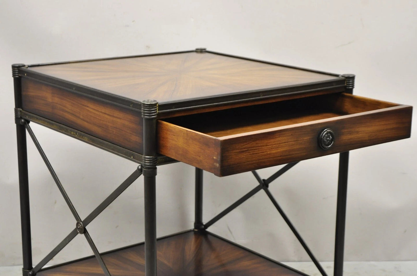 Industrial Style Iron and Wood X-Frame One Drawer Square Modern Side End Table
