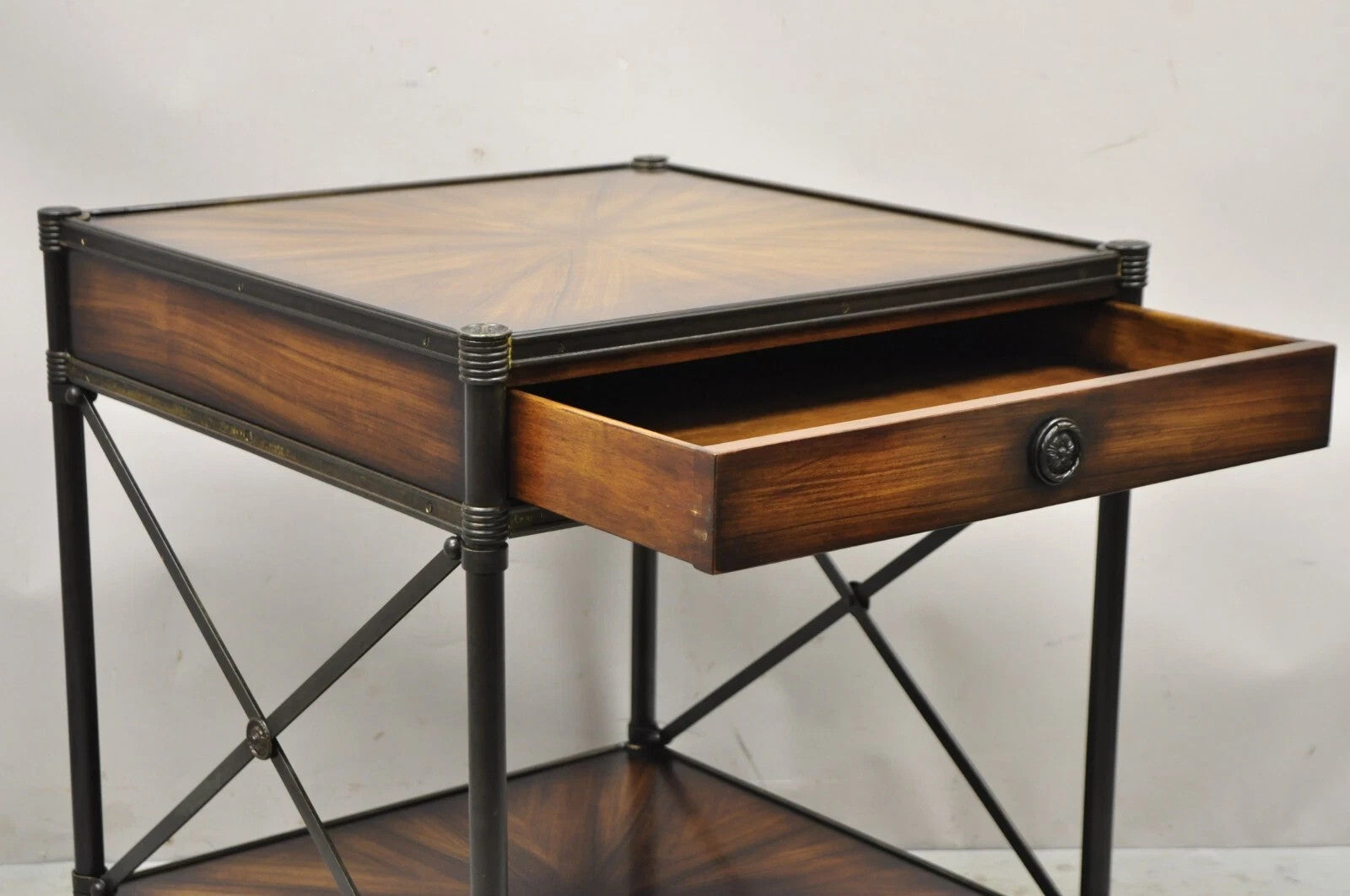 Industrial Style Iron and Wood X-Frame One Drawer Square Modern Side End Table