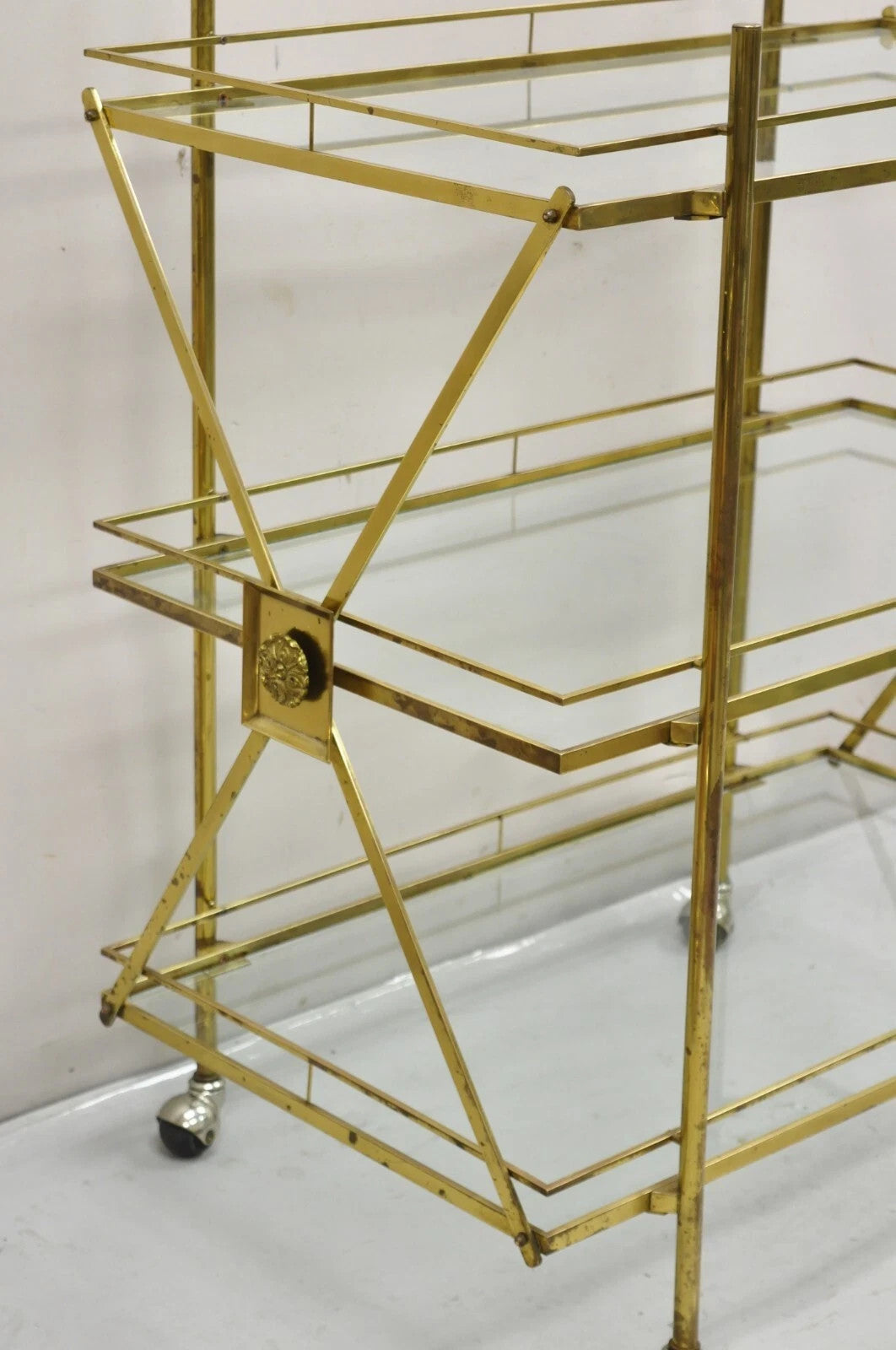 Mid Century Italian Modern 3 Tier Brass & Glass X-Frame Rolling Bar Cart Table