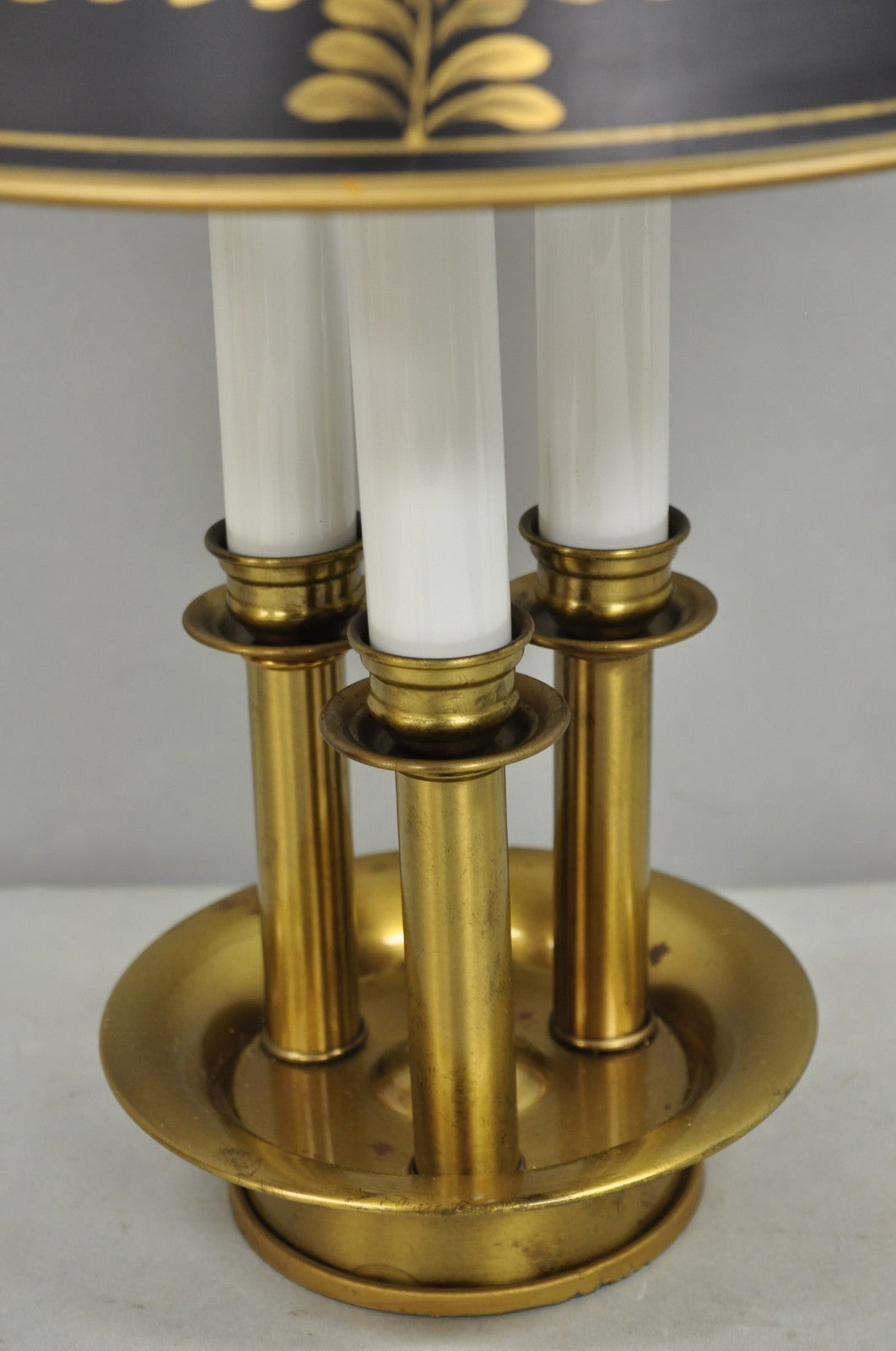 Vintage French Country Brass Tole Metal Shade Bouillotte Candlestick Table Lamp