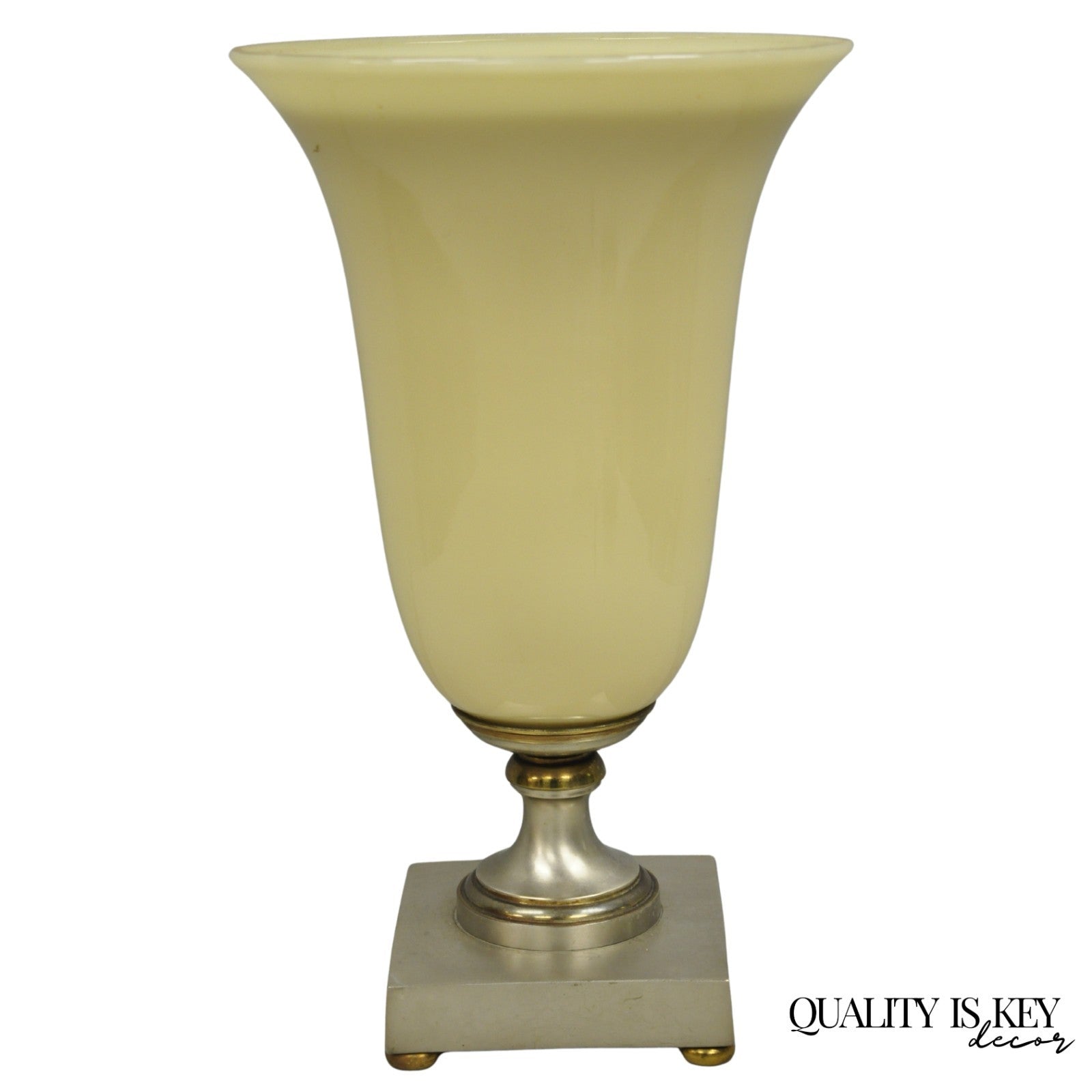 Antique French Art Deco Beige Fluted Glass Vase Metal Base Up Light Table Lamp