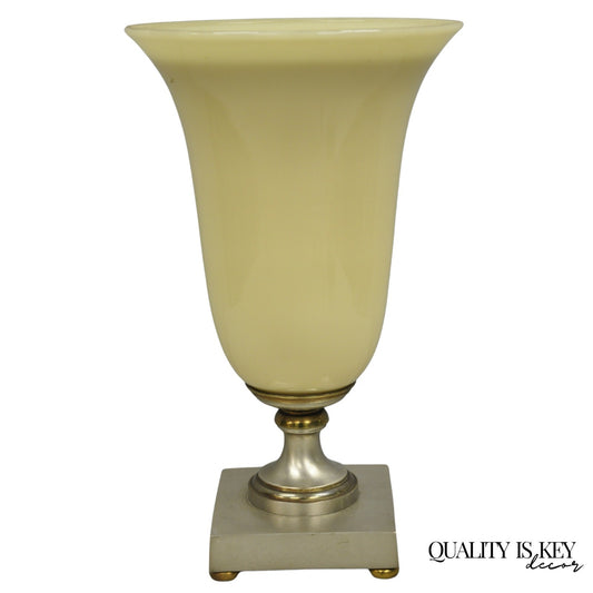 Antique French Art Deco Beige Fluted Glass Vase Metal Base Up Light Table Lamp