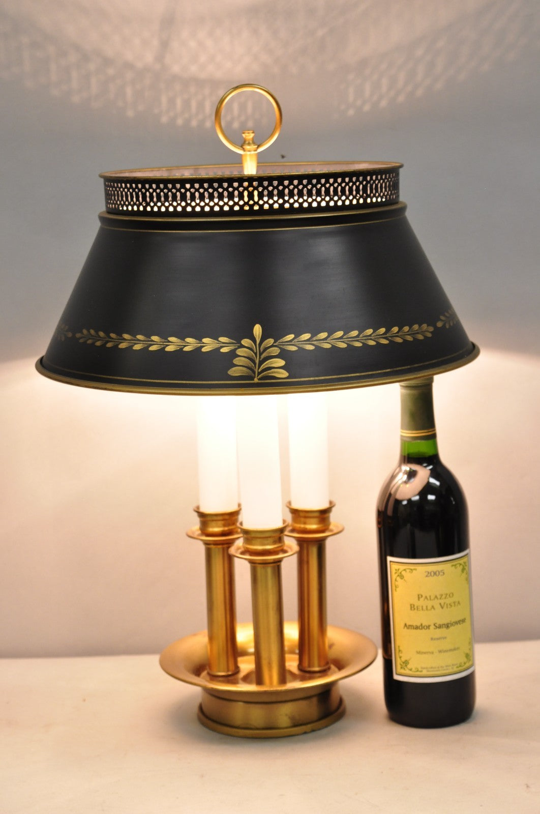 Vintage French Country Brass Tole Metal Shade Bouillotte Candlestick Table Lamp