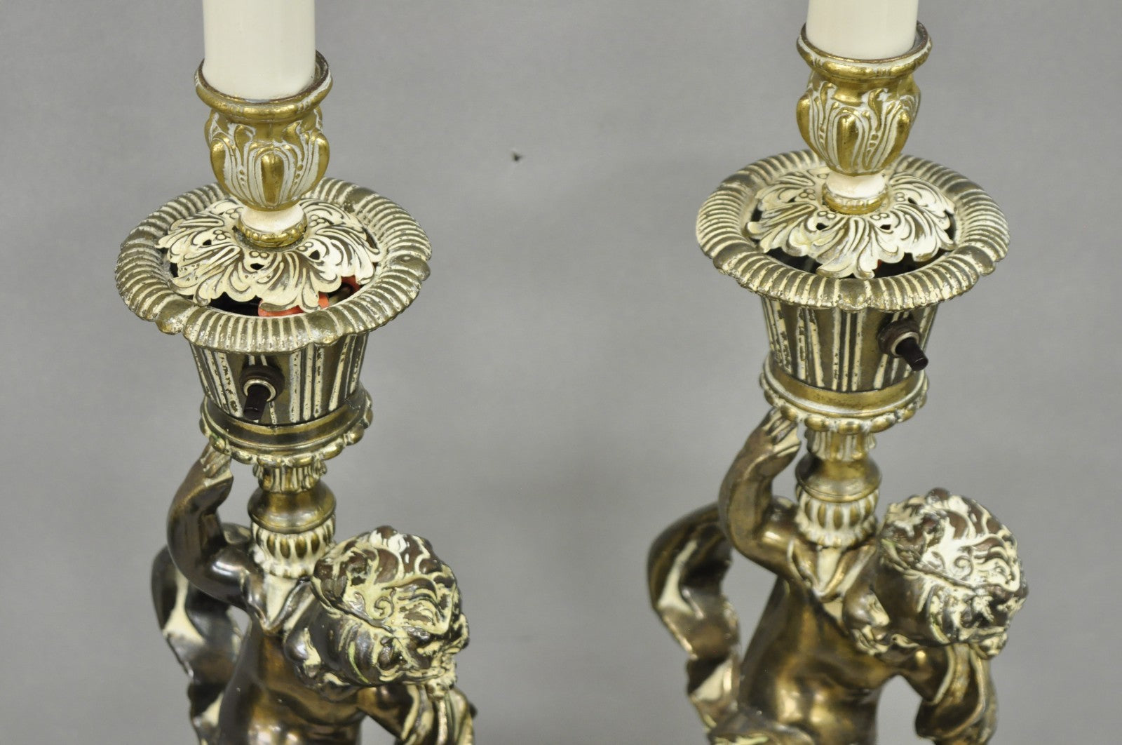 Vintage Hollywood Regency French Style Figural Cherub Metal Table Lamps - a Pair