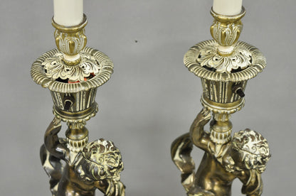 Vintage Hollywood Regency French Style Figural Cherub Metal Table Lamps - a Pair