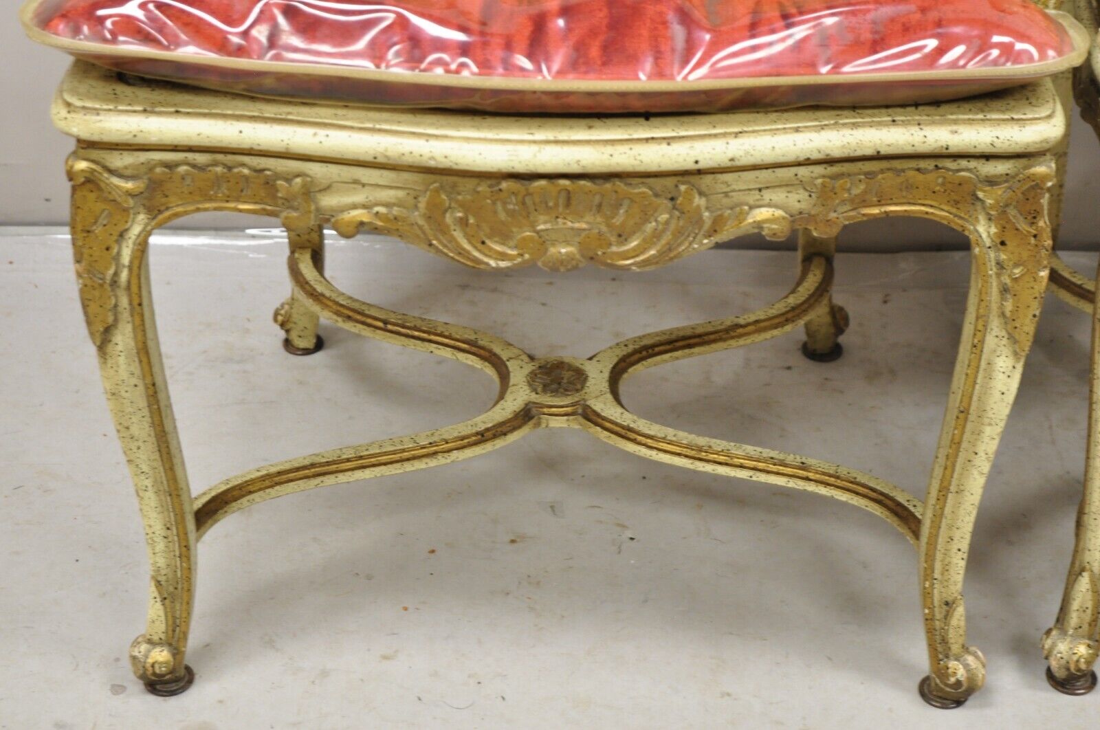 French Louis XV Style Cream Painted Carved Wood Cane Fauteuil Arm Chairs - Pair