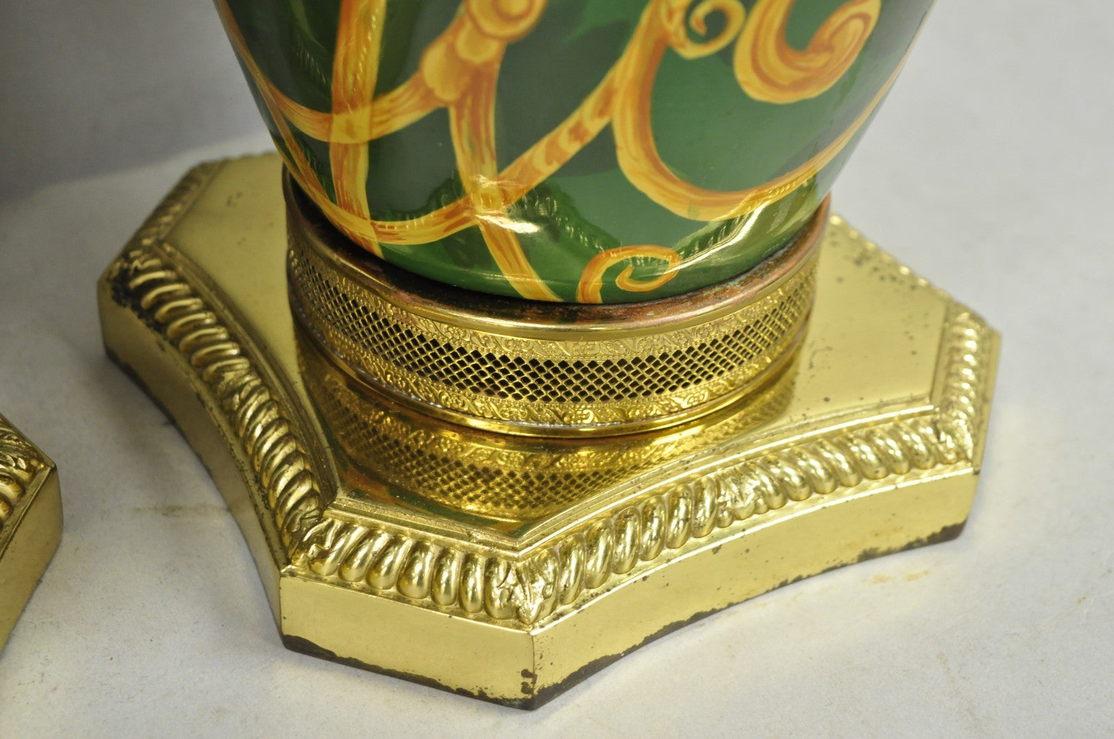 Hollywood Regency Green & Gold Scroll Painted Ceramic Table Lamps - a Pair