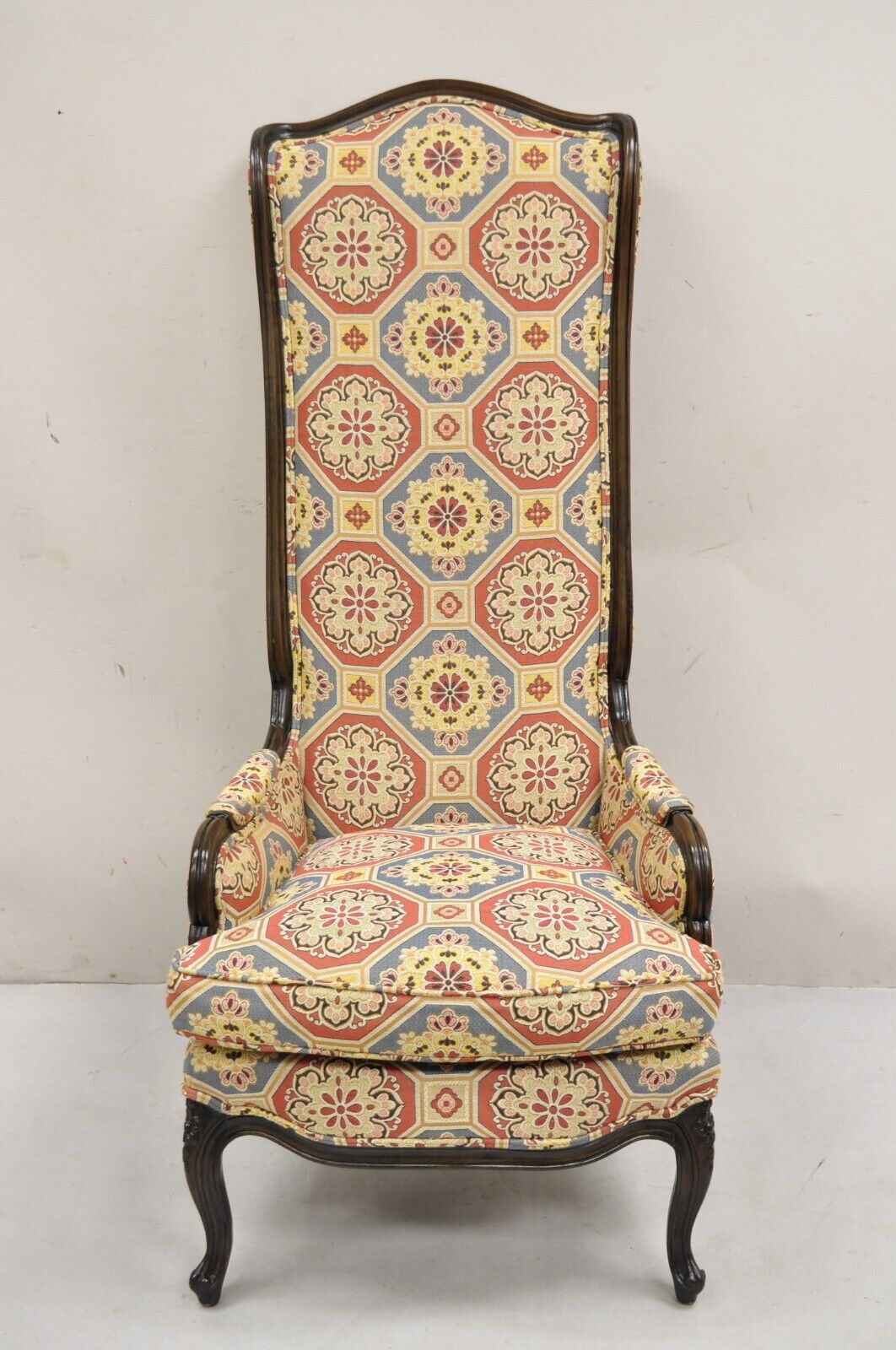 French Country Provincial Style Carved Walnut High Back Blue & Red Lounge Chair