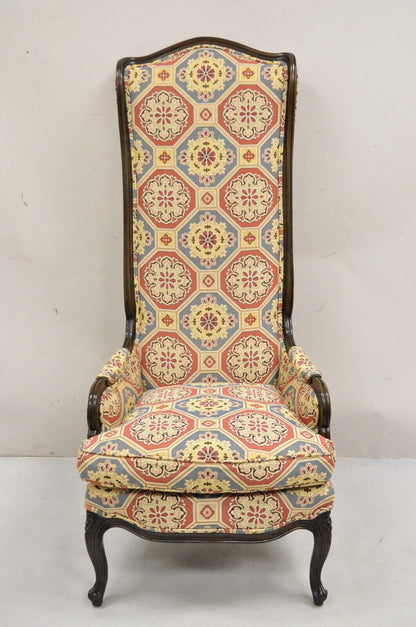 French Country Provincial Style Carved Walnut High Back Blue & Red Lounge Chair
