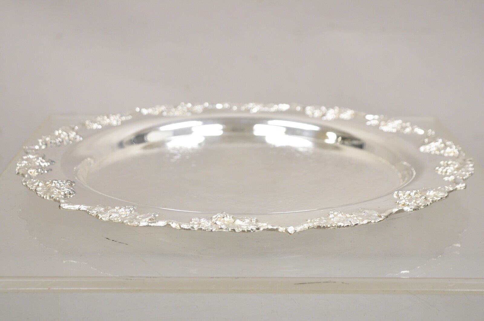 Antique English Victorian Silver Plated Grapevine Round Serving Platter Tray
