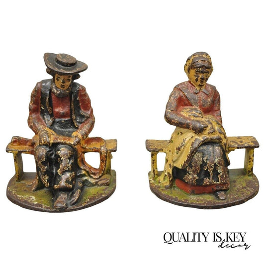 Antique Cast Iron Amish Man and Woman Couple Bookends - a Pair