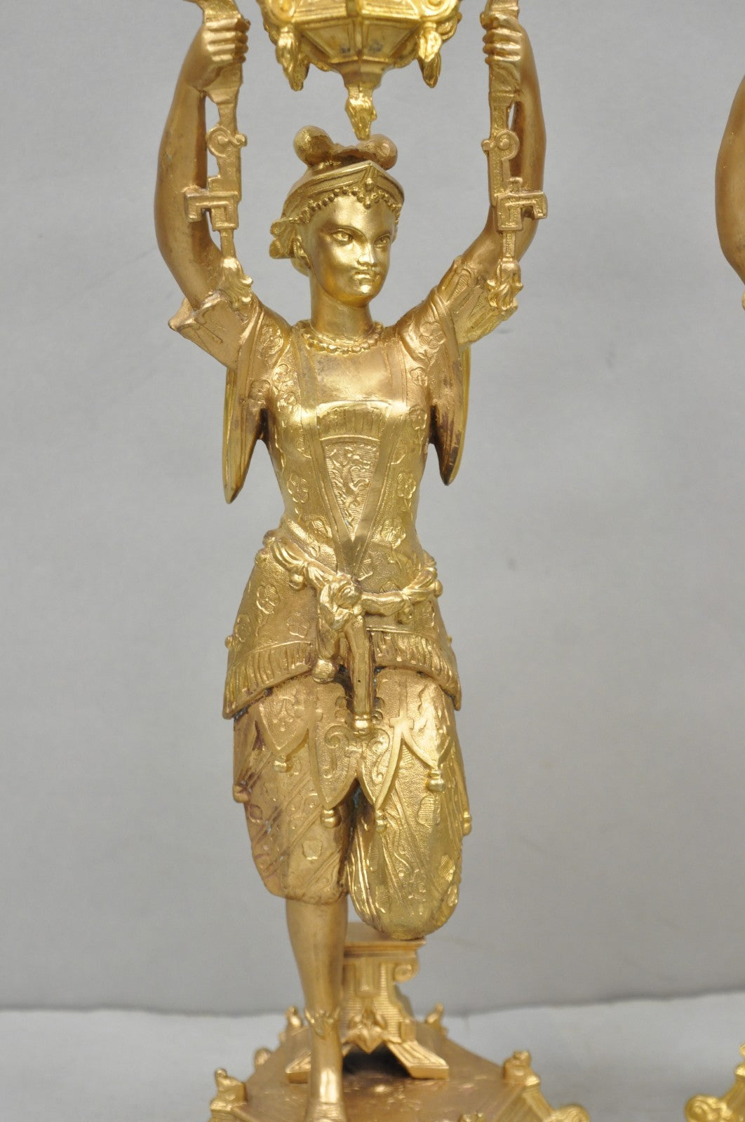 Antique Orientalist Gold Gilt Bronze Figural Male and Female Candlesticks - Pair