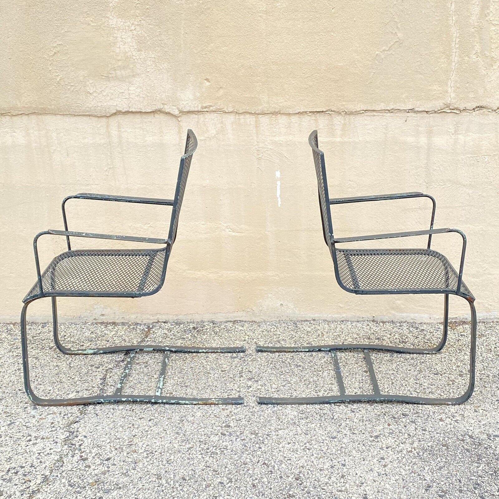 Industrial Modern Wrought Iron Metal Mesh Cantilever Garden Patio Chair - a Pair