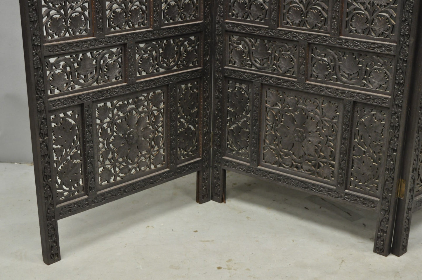 Vintage Anglo Indian Carved Teak Wood 4 Panel Room Divider Folding Screen