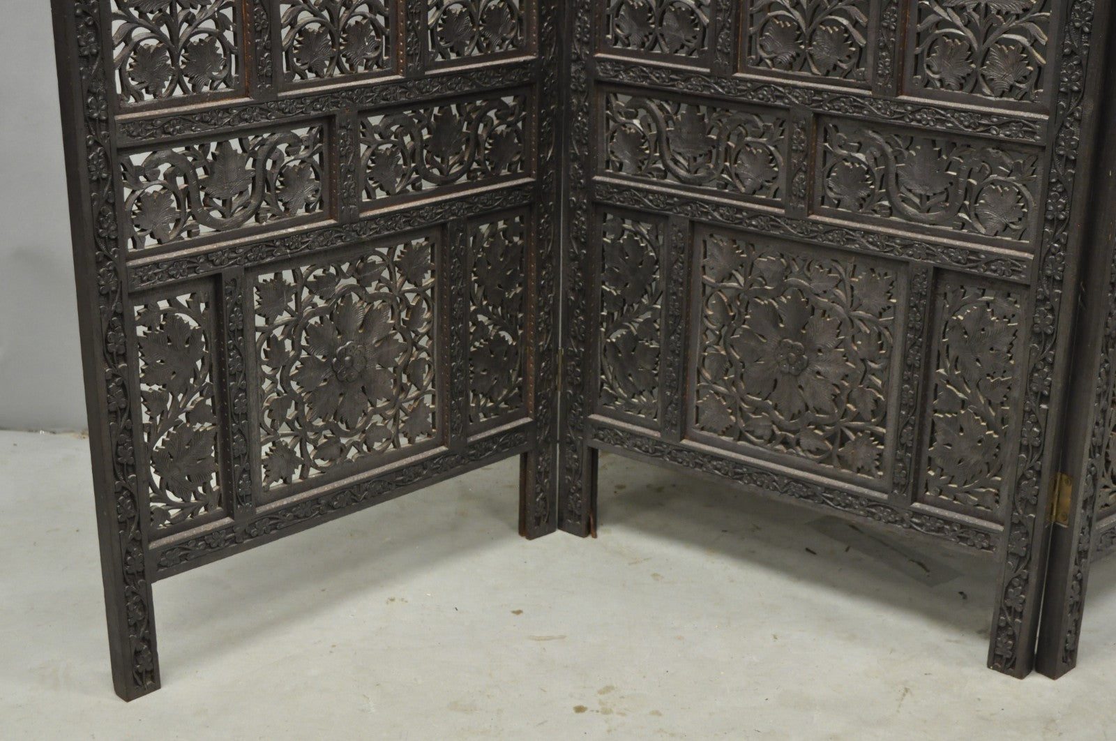 Vintage Anglo Indian Carved Teak Wood 4 Panel Room Divider Folding Screen
