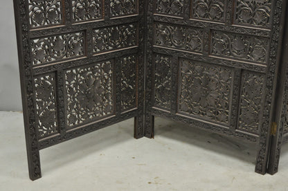 Vintage Anglo Indian Carved Teak Wood 4 Panel Room Divider Folding Screen