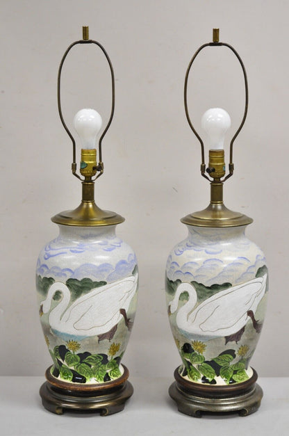Vintage Chinoiserie Painted Swan Porcelain Ginger Jar Table Lamps - a Pair