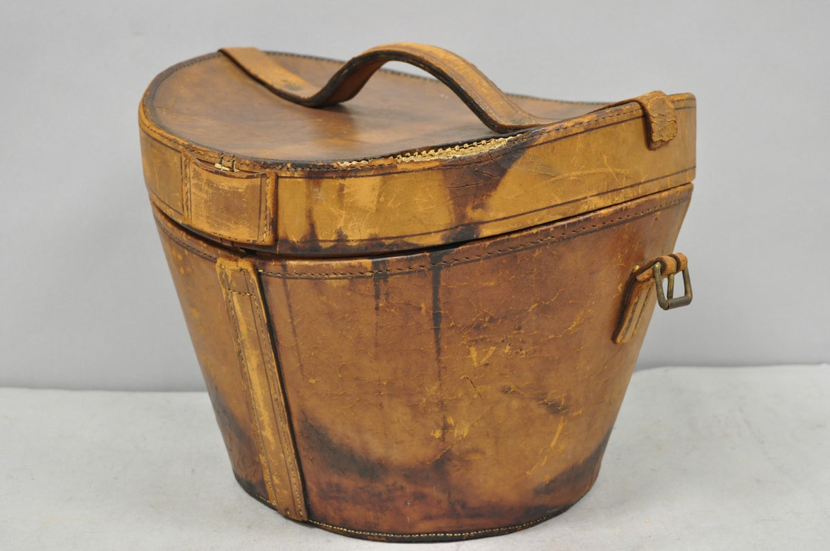 Antique Victorian Brown Leather Travel Case Hat Box w/ Miller of NY Silk Top Hat