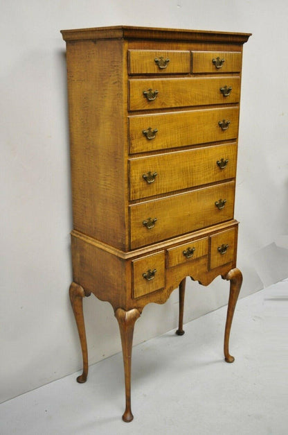 Antique New England Queen Anne Curly Tiger Maple Small Chest Dresser Highboy