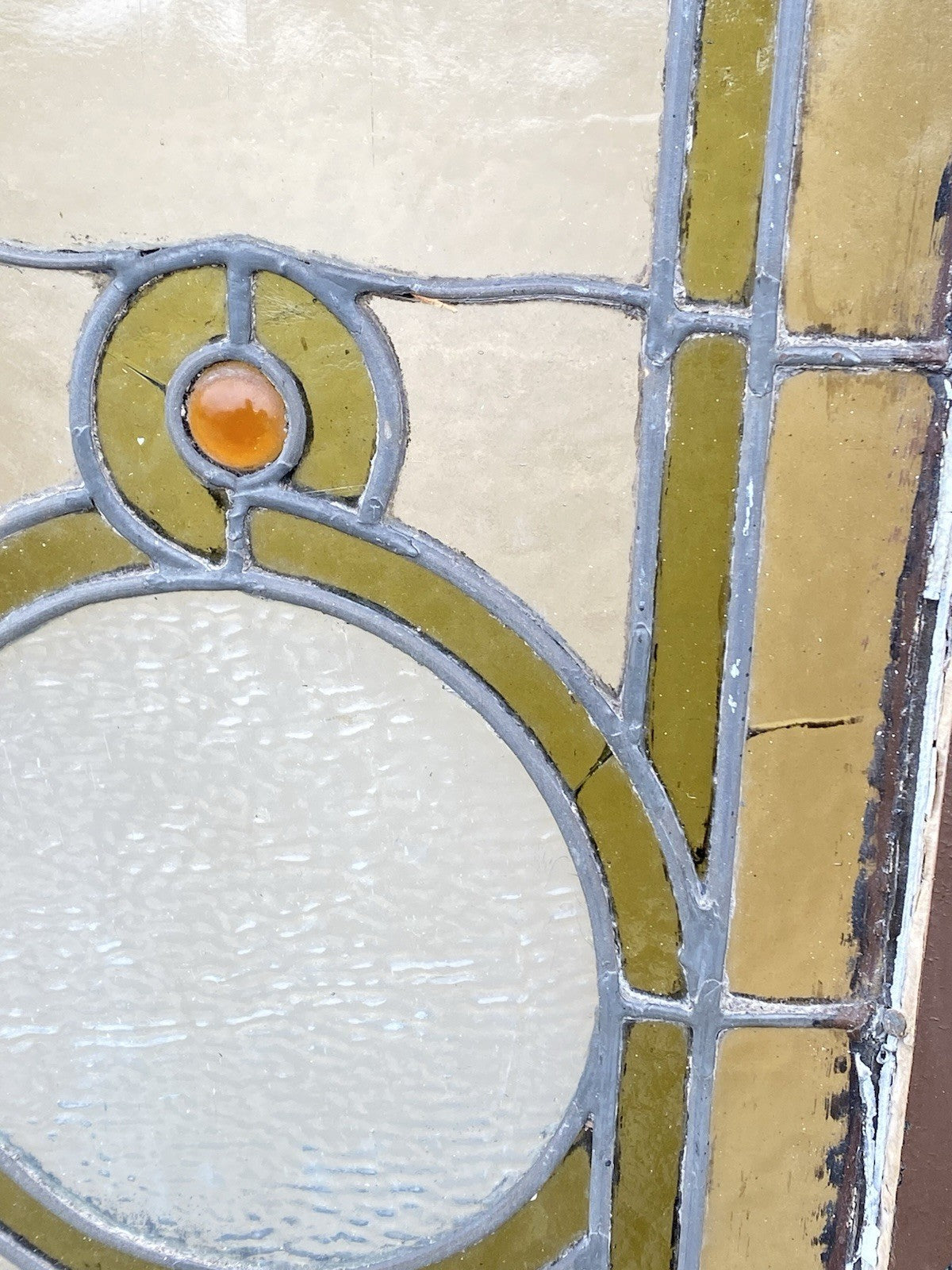 Antique Victorian Green Stained Glass Window Orange Jewel in Wood Frame Set of 3