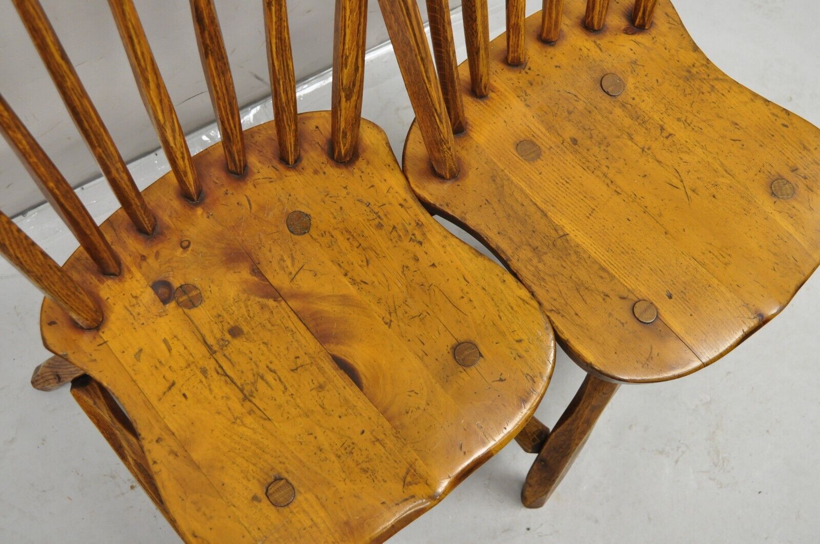 Pair Antique Hunt Country Furniture Colonial Pine Wood Hickory Style Side Chairs