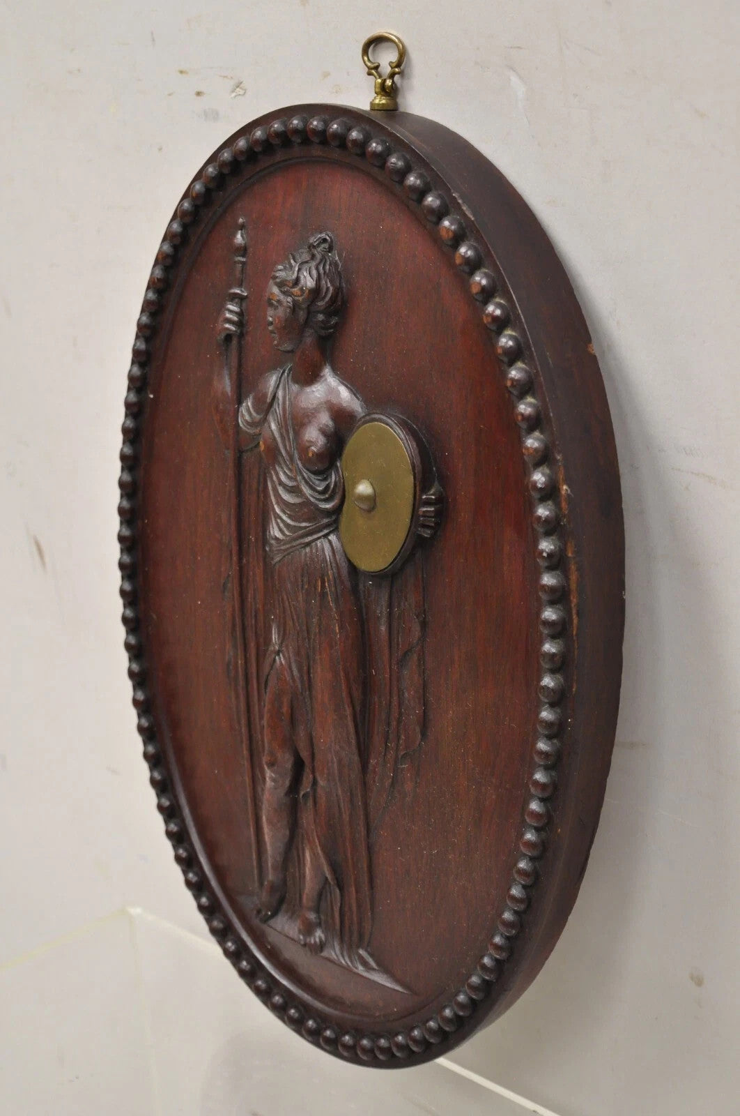 Antique Classical Oval Carved Mahogany Figural Goddess Wall Sculpture Plaque