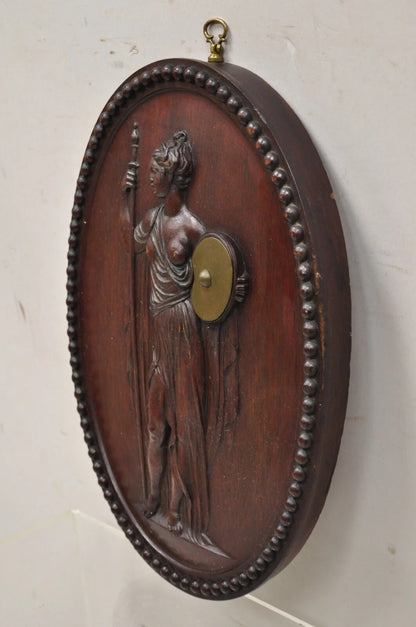 Antique Classical Oval Carved Mahogany Figural Goddess Wall Sculpture Plaque