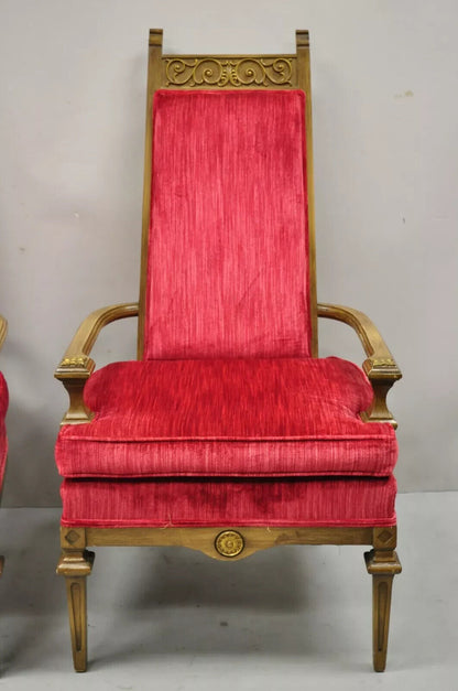 Vintage Italian Hollywood Regency Red High Back Lounge Arm Chairs - a Pair